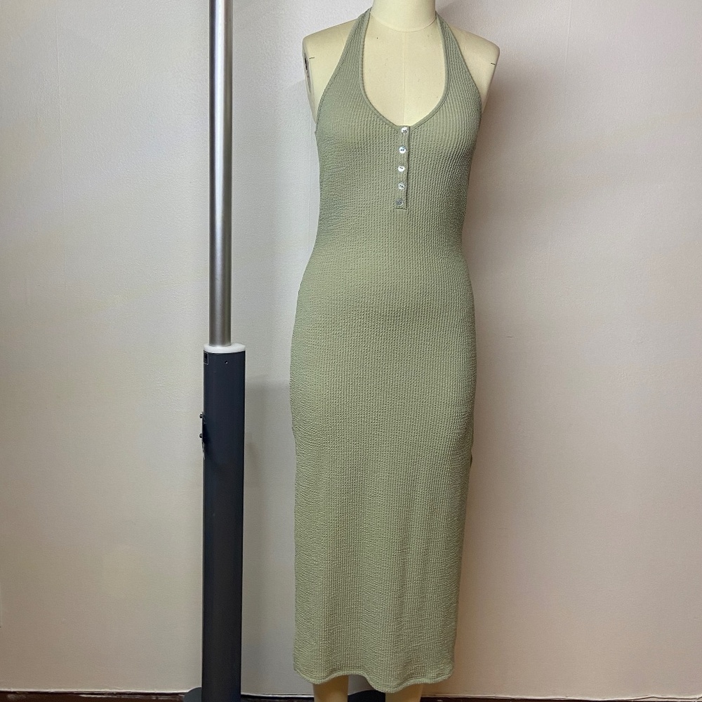 Stitch & Pine Light Green Smocked Halter Dress with Buttons - Size M